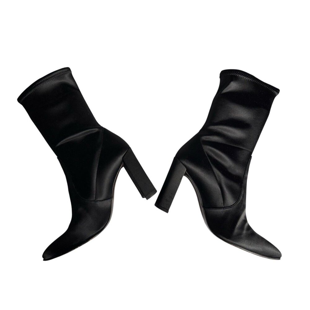 Stuart Weitzman Satin Ankle Boots Size 9M Black Pointed Toe Stretch Stiletto Y2K - Picture 7 of 14